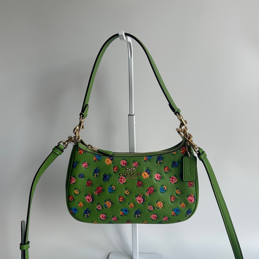 Coach Teri Shoulder Bag Vintage Rose Print Green Leather Bag CA616